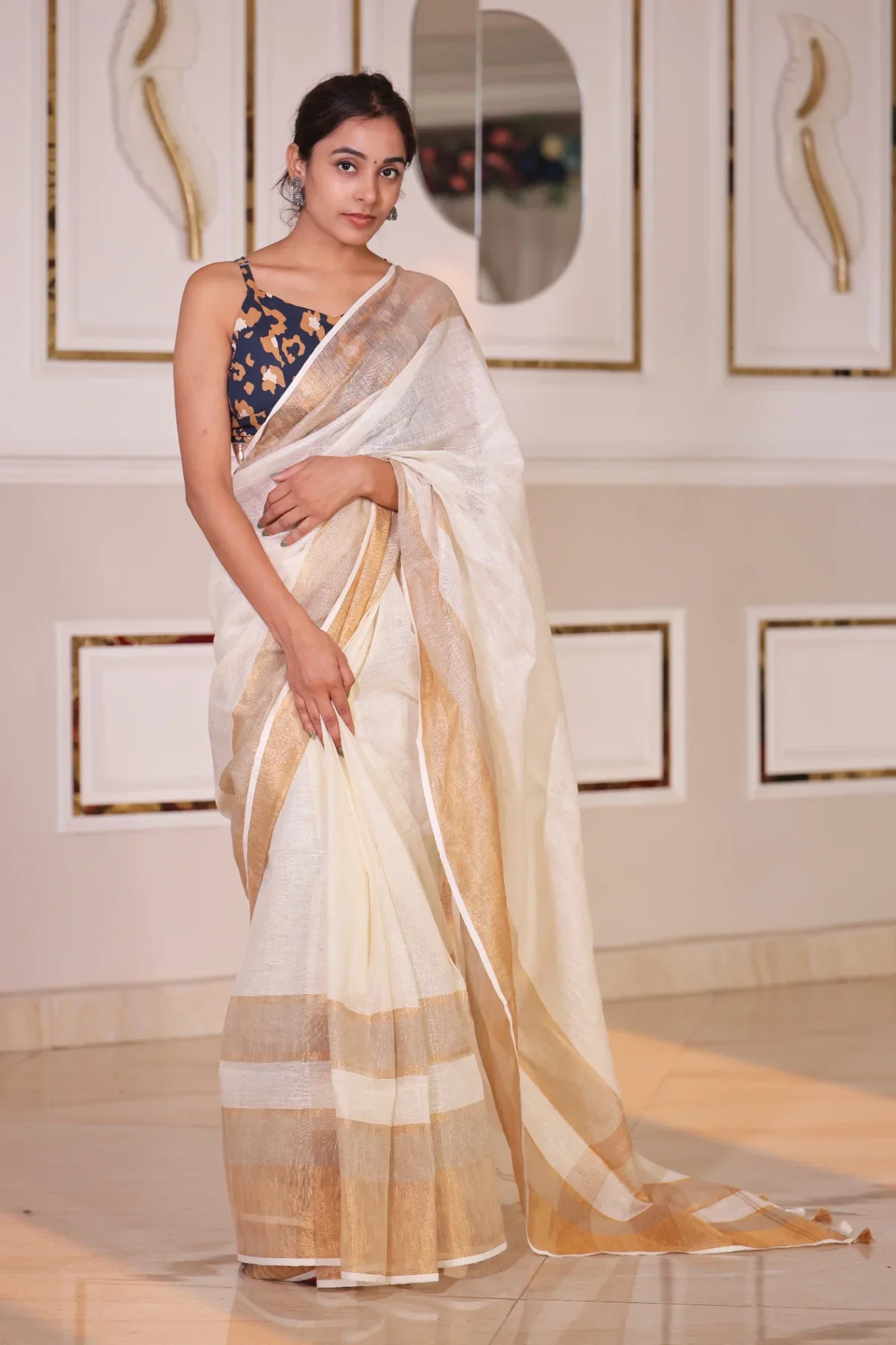 Premium Pure Linen Ivory Saree with Golden Zari Border - Image 1