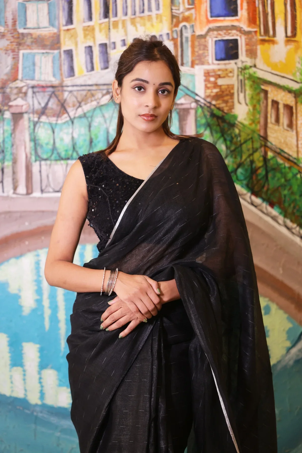 Black Pure Linen Saree with Silver Border - Image 4