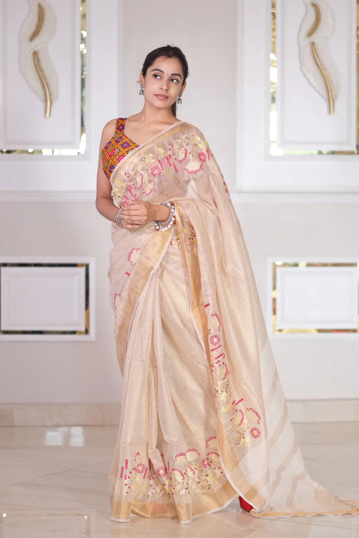 Tissue Linen Saree with Floral Motifs - Image 1
