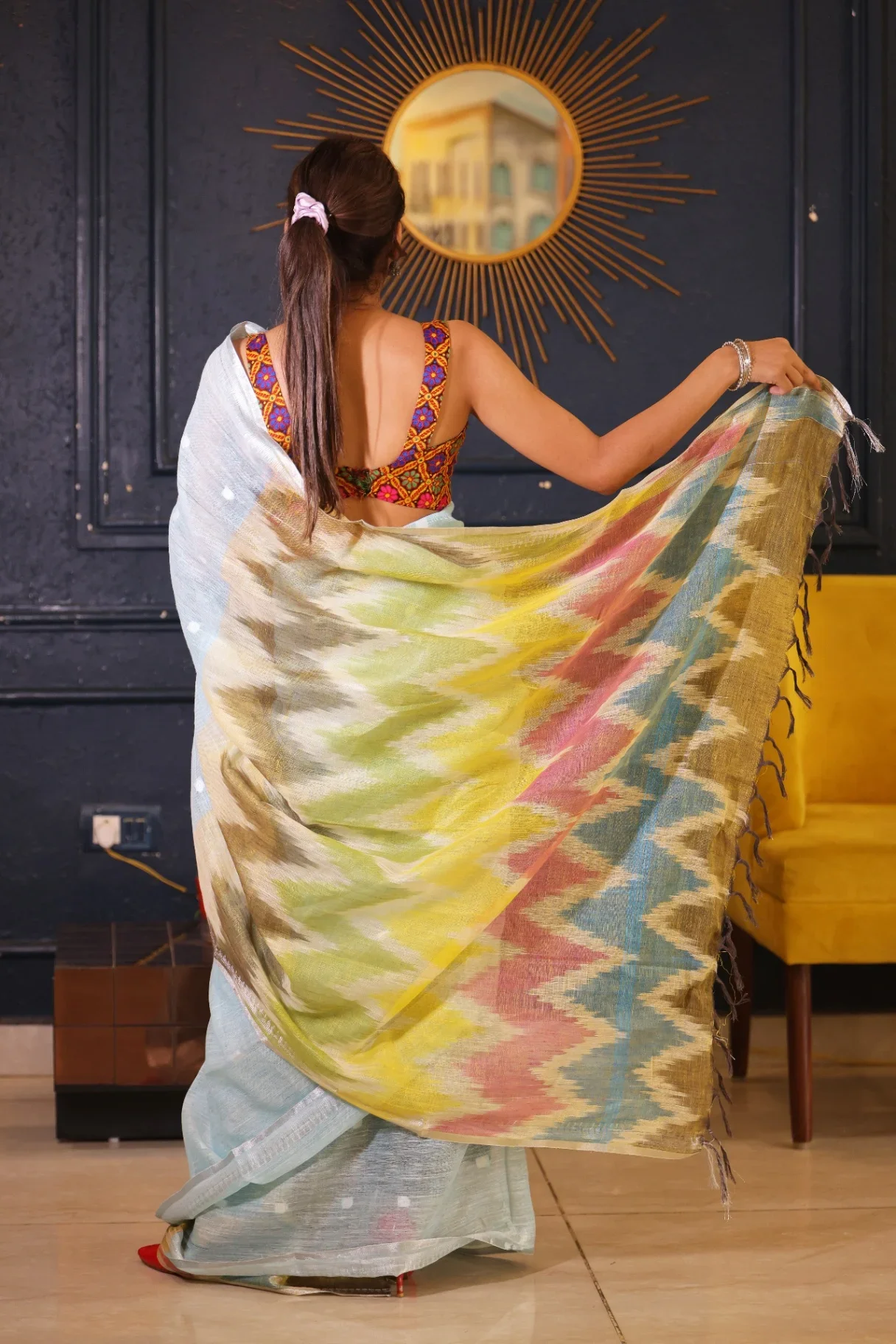 Sky Blue Premium Linen Saree with Ikkat Pallu - Image 3