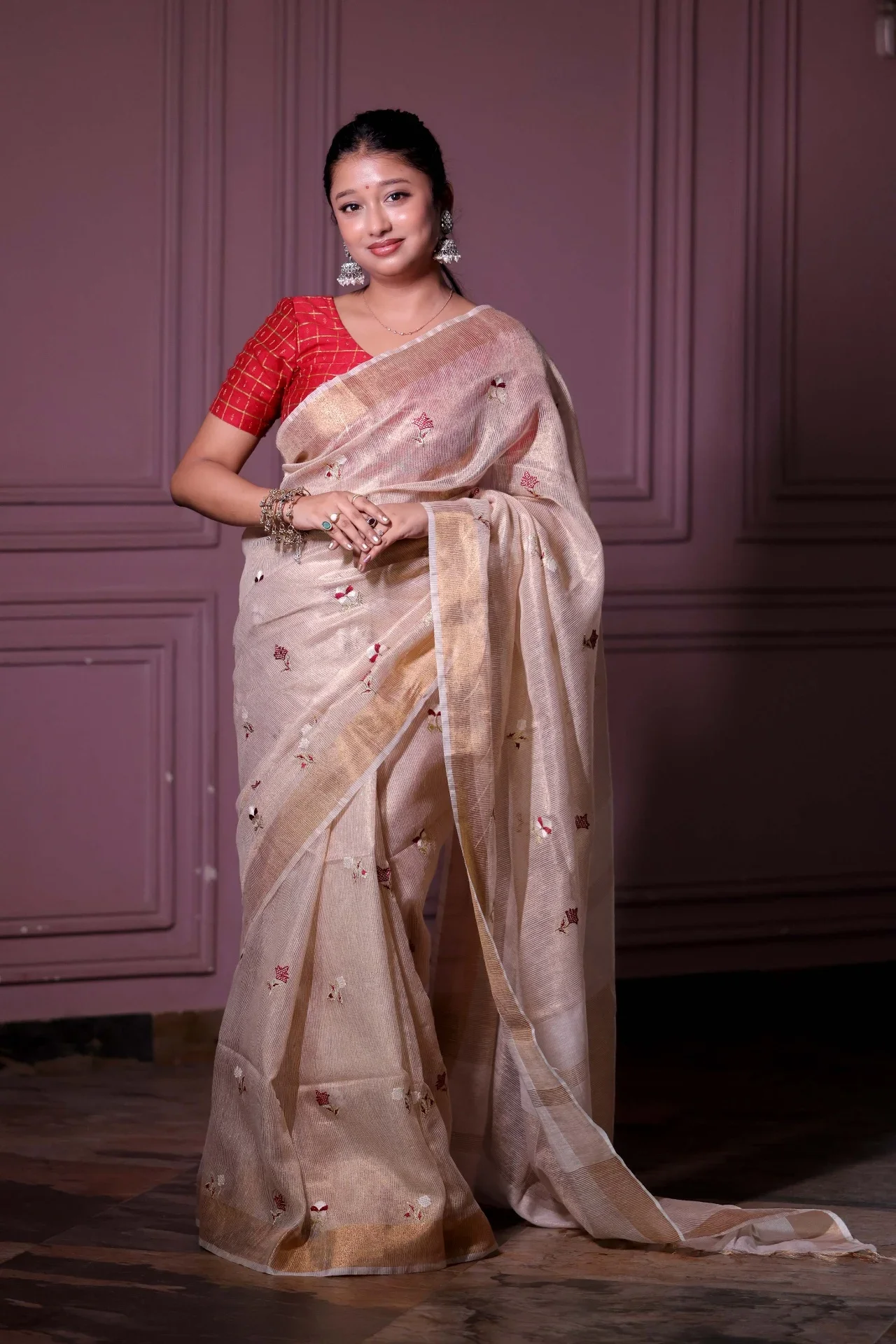 Floral Embroidered Tissue Linen Saree - Image 1