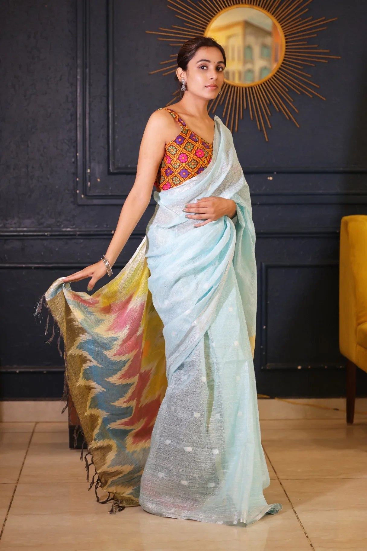 Sky Blue Premium Linen Saree with Ikkat Pallu - Image 4