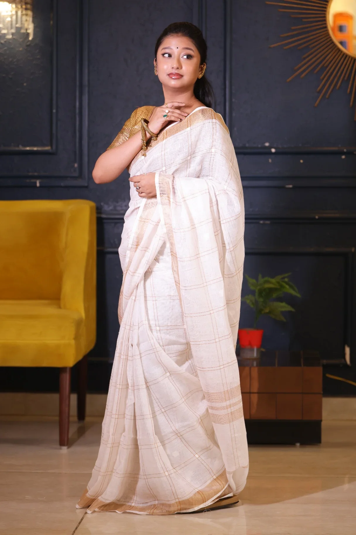 Pure Linen off-white Checked Saree with Golden Zari Border | Handloomer - Image 3