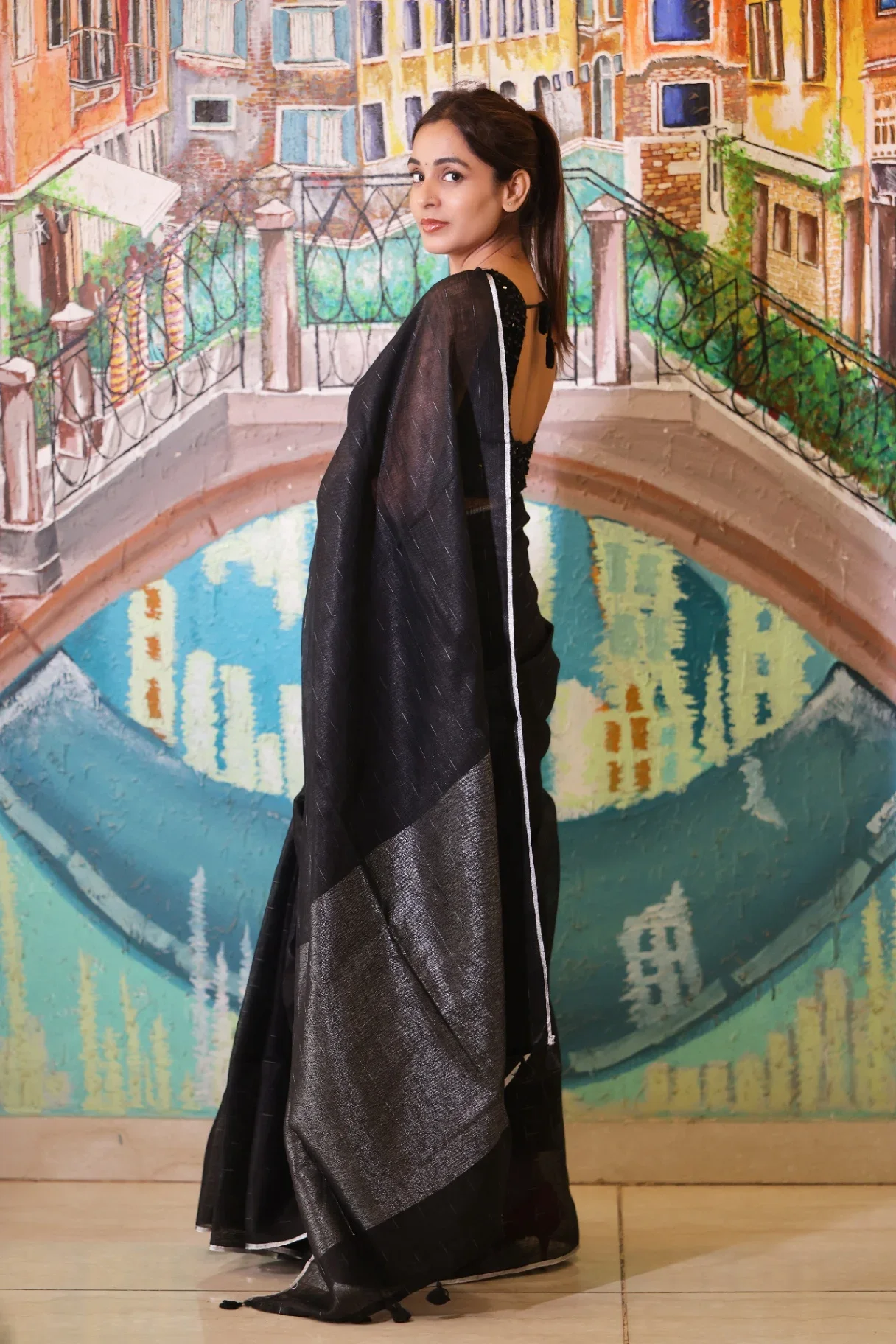 Black Pure Linen Saree with Silver Border - Image 3