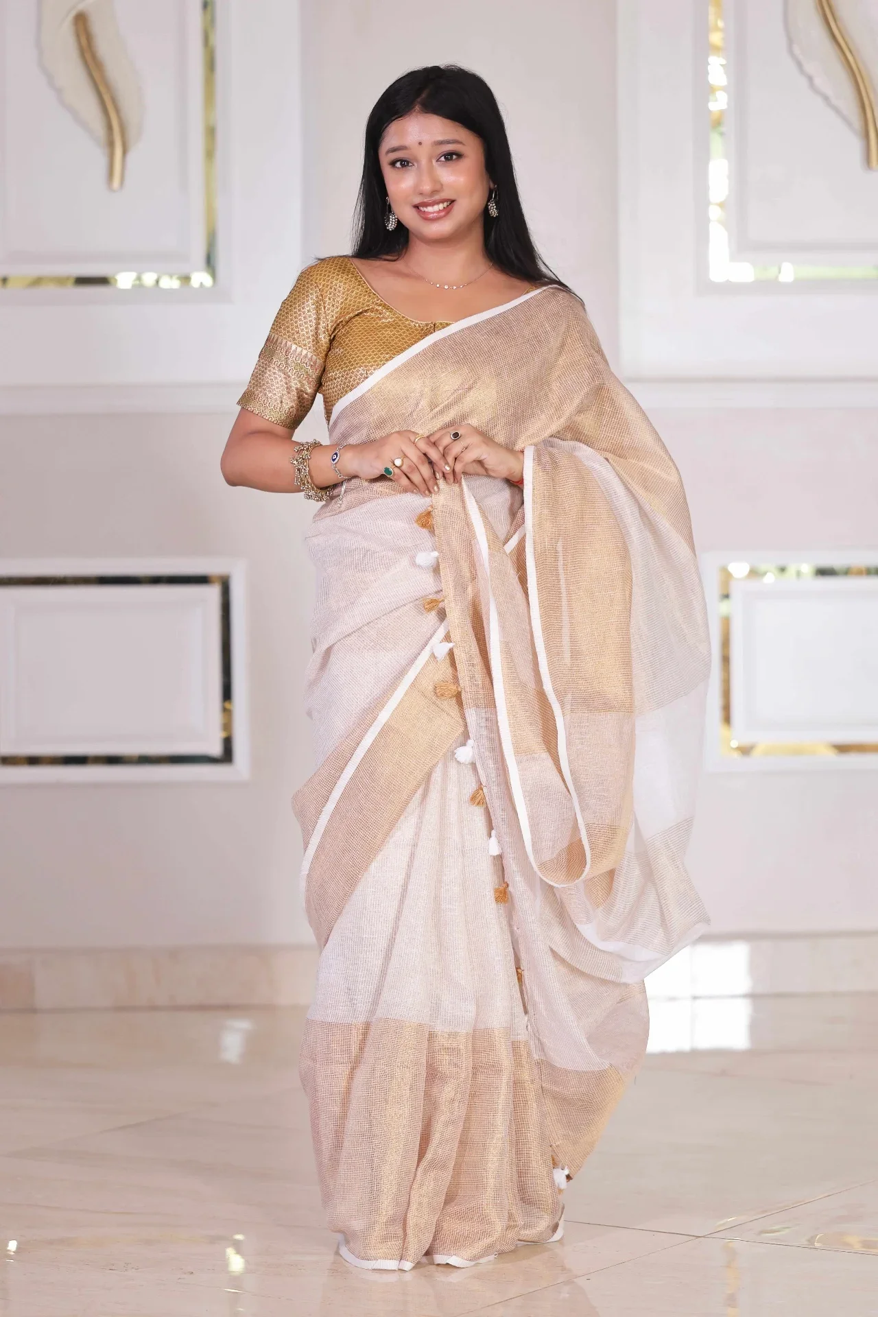 The Golden Opal Tissue Linen Saree - Image 1