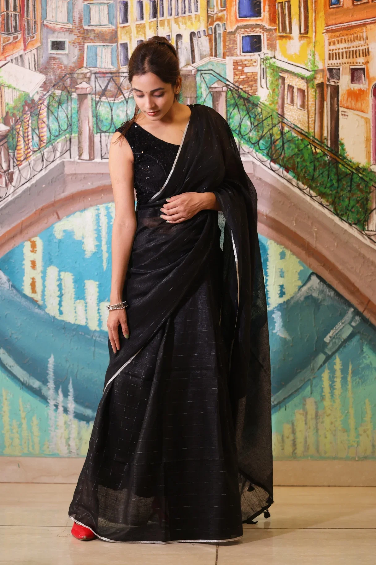 Black Pure Linen Saree with Silver Border - Image 1