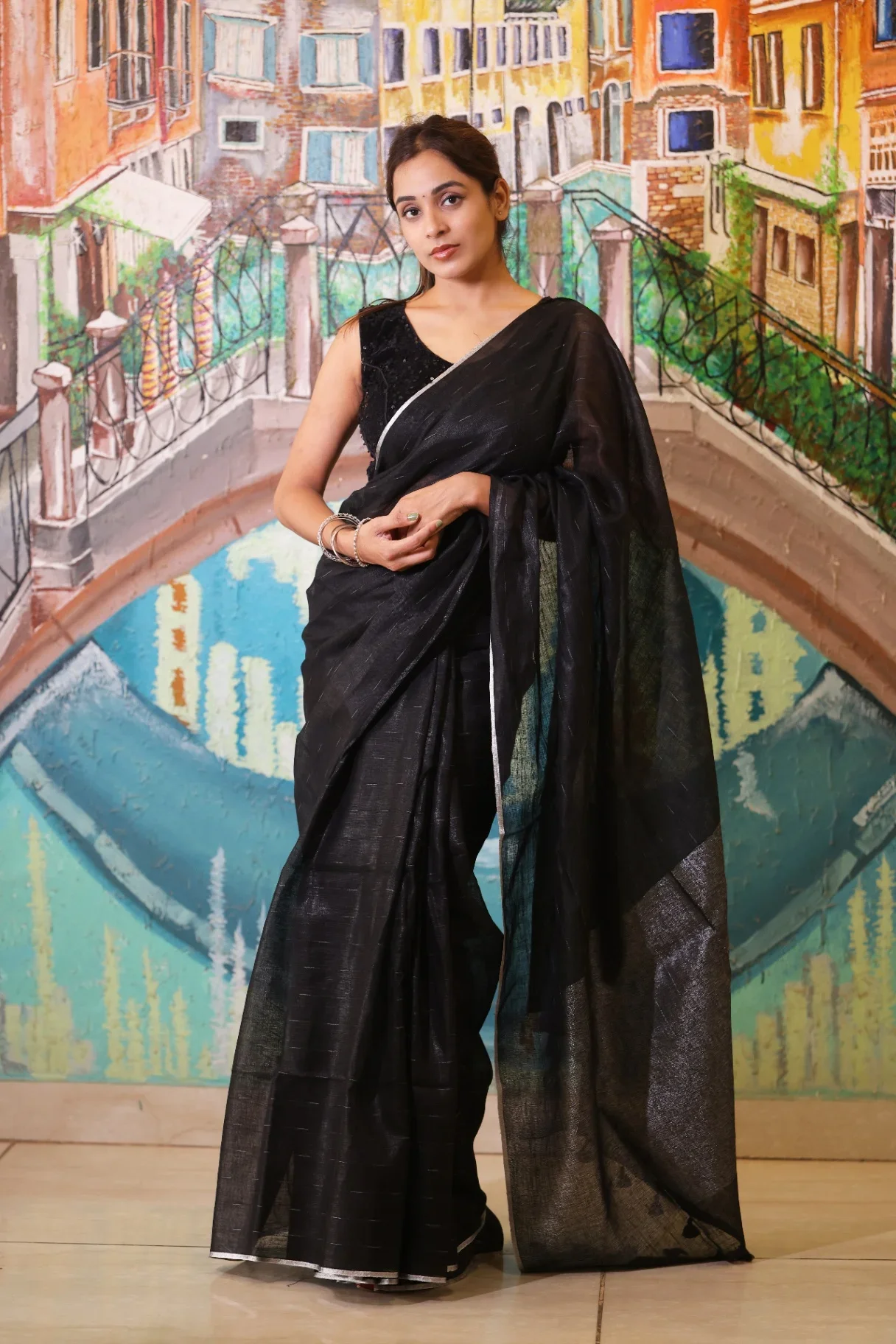 Black Pure Linen Saree with Silver Border - Image 2