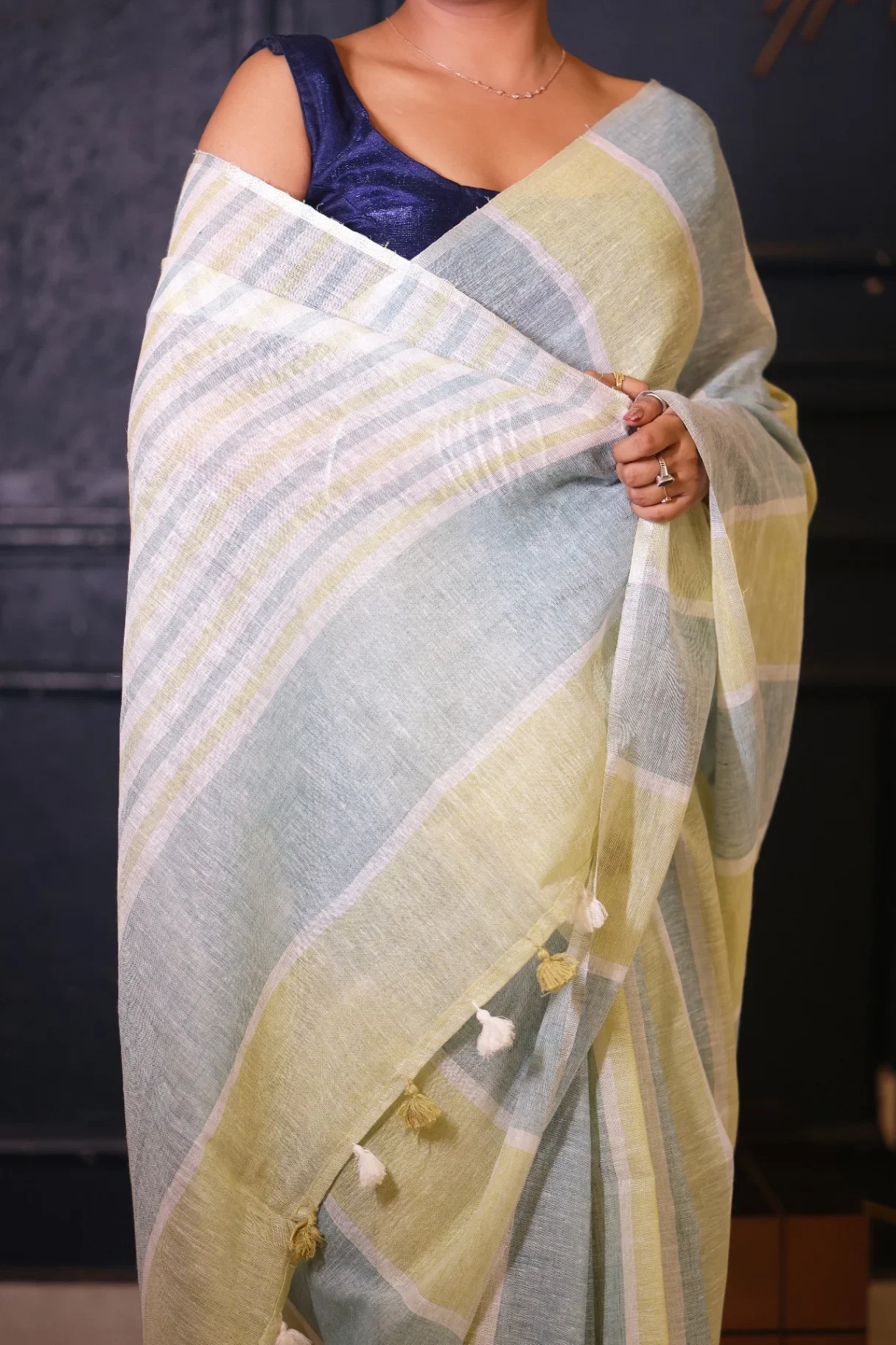 Pastel Green Premium Strips Linen  Saree - Image 4