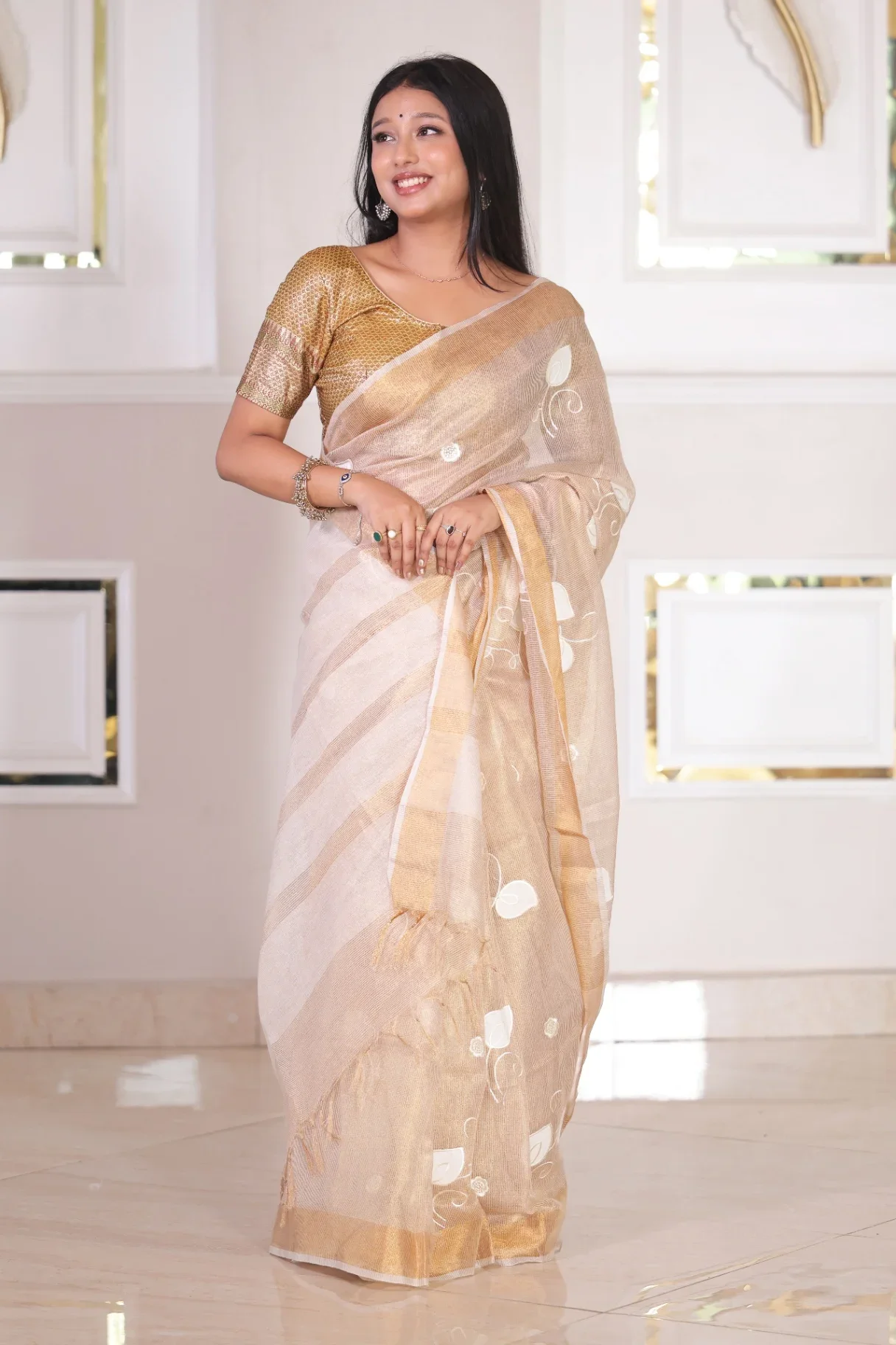  Applique Tissue Linen Saree - Image 2