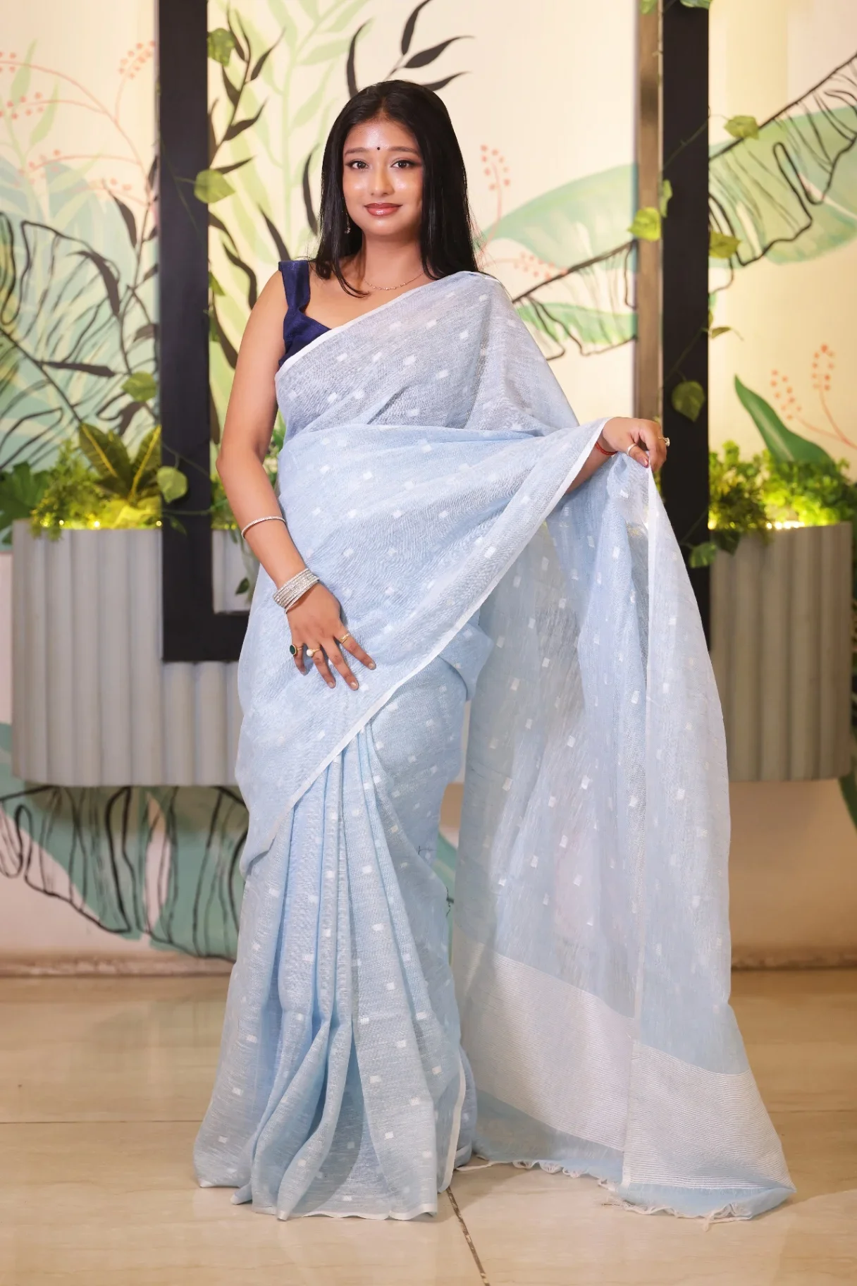 Powder Blue Premium Linen Saree with Woven Butta - Image 1