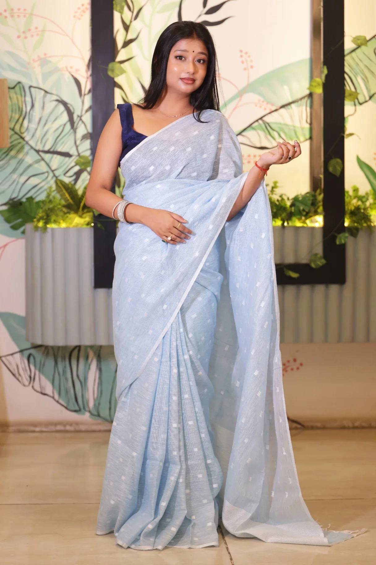 Powder Blue Premium Linen Saree with Woven Butta - Image 4