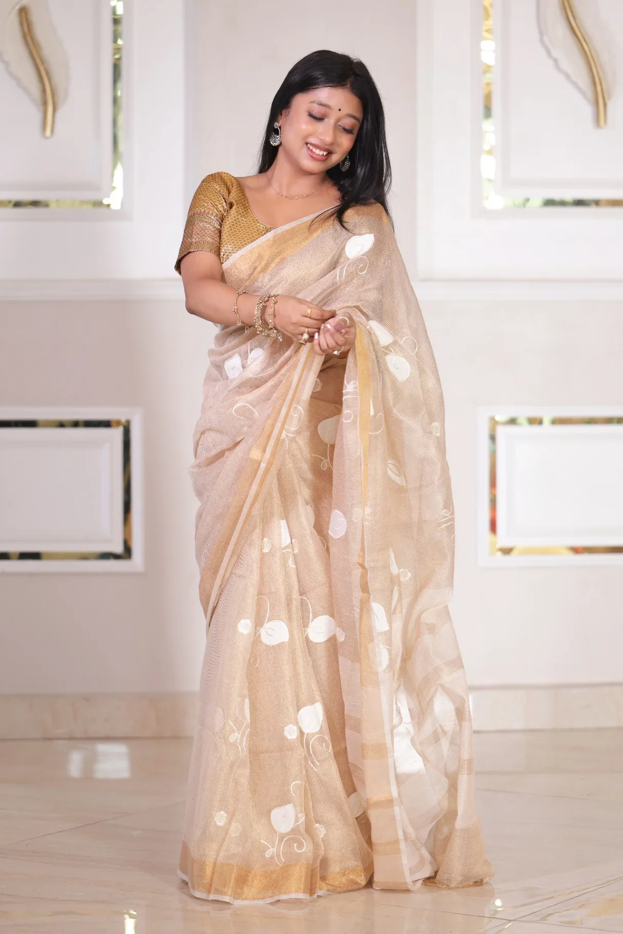  Applique Tissue Linen Saree - Image 1